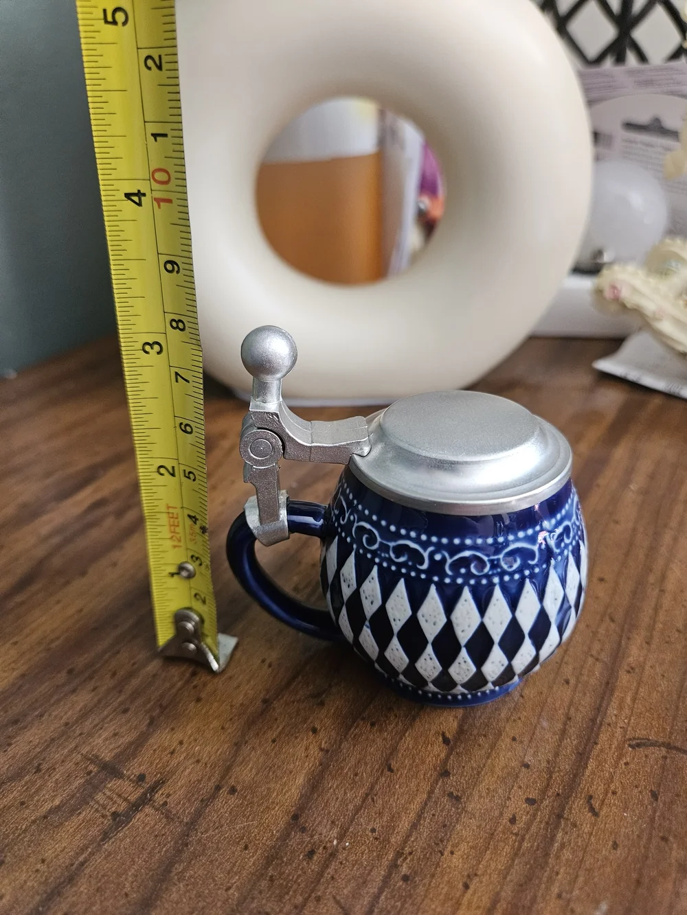Mini Ceramic Blue and White Diamond Pattern Lidded Stein Mug